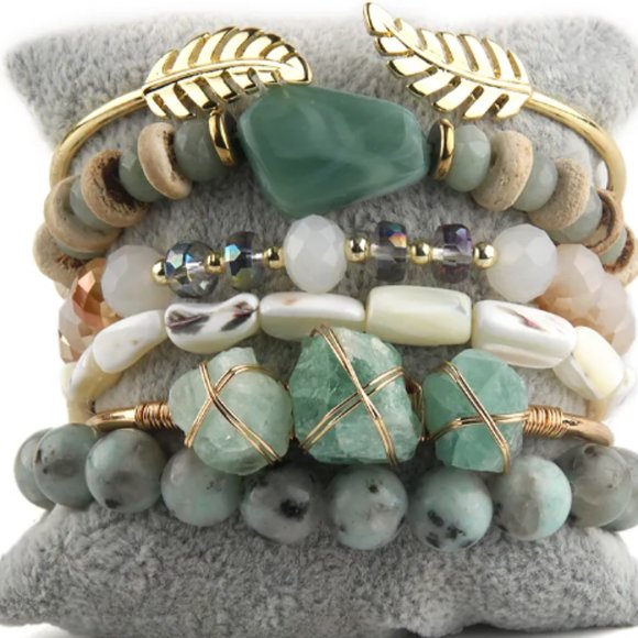 Bohemian Accessory Stone Beaded and Crystal Charm 5pc Stack Stretch Bracelets - Picture 1 of 3